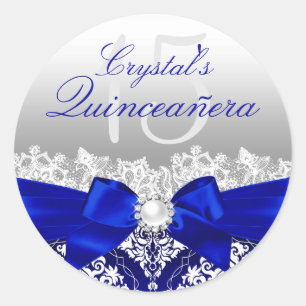 Royal Blue Damask & Pearl Bow Quinceanera Sticker