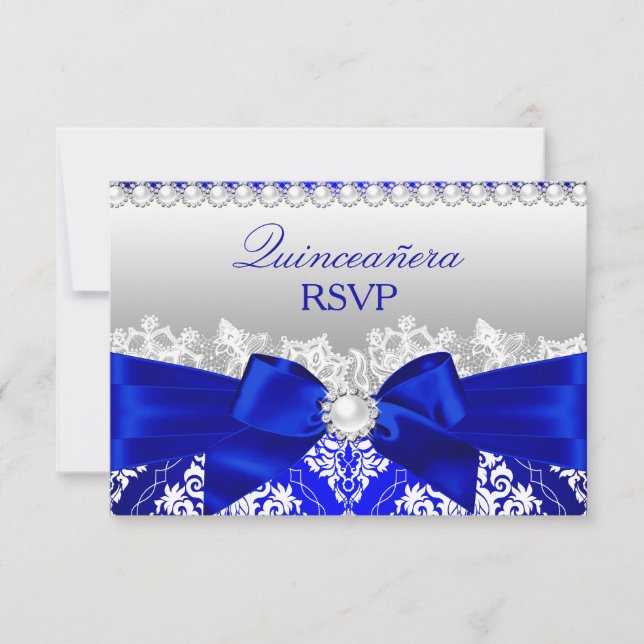 Royal Blue Damask & Pearl Bow Quinceanera UAWG RSVP Karte (Vorderseite)