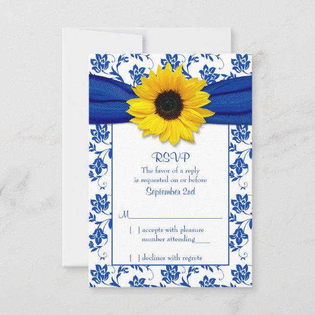 Royal Blue Damask Sunflower Wedding RSVP Card Karte (Vorderseite)
