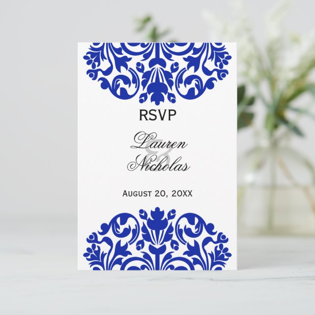 Royal Blue Damask UAWG Reply RSVP Karte (Stehend Vorderseite)