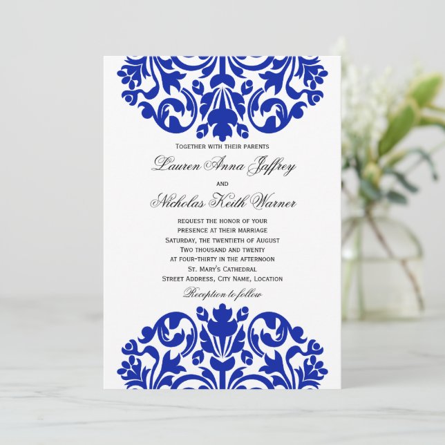 Royal Blue Damask Wedding Einladung (Stehend Vorderseite)
