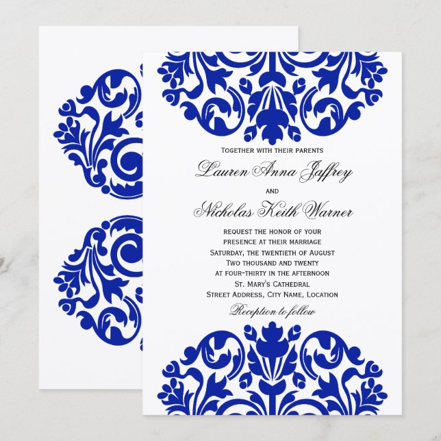 Royal Blue Damask Wedding Einladung (Vorne/Hinten)