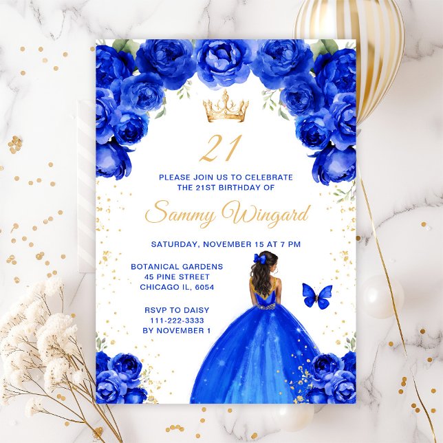 Royal Blue Dark Skin Princess Birthday Party Einladung (Von Creator hochgeladen)