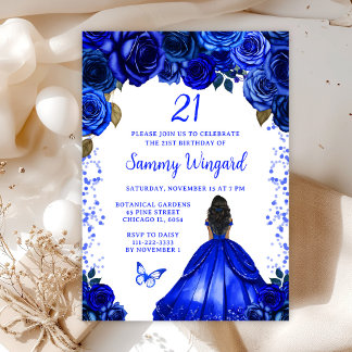 Royal Blue Dark Skin Princess Birthday Party Einladung