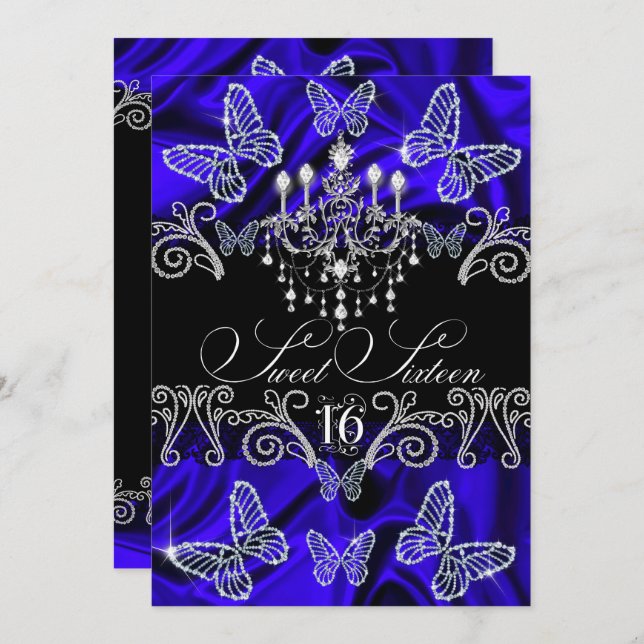 Royal Blue Diamond Butterfly 16 . Geburtstag Invit Einladung (Vorne/Hinten)