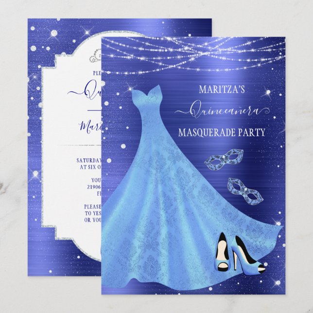 Royal Blue Diamond Masquerade Quinceañera Einladung (Vorne/Hinten)