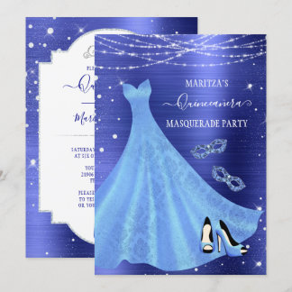 Royal Blue Diamond Masquerade Quinceañera Einladung