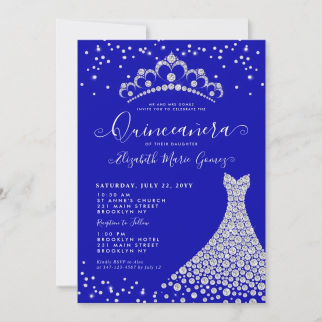 Royal Blue Diamond Sparkle Tiara Gown Quinceanera Einladung (Vorderseite)