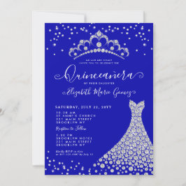 Royal Blue Diamond Sparkle Tiara Gown Quinceanera Einladung