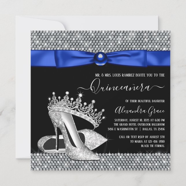 Royal Blue Diamond Tiara Shoe Quinceanera Einladung (Vorderseite)