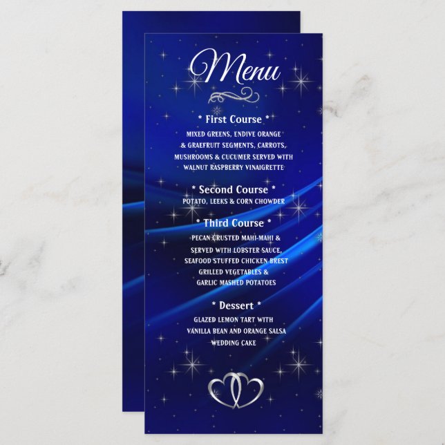 Royal Blue Diamonds and Hearts Wedding Menu Menükarte (Vorne/Hinten)