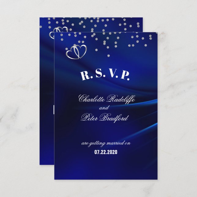 Royal Blue Diamonds & Hearts Wedding RSVP Card (Vorne/Hinten)