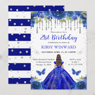Royal Blue Dress Brünett Hair Princess Birthday Einladung