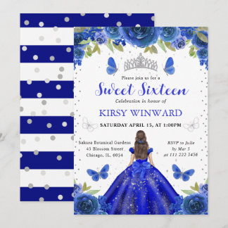 Royal Blue Dress Brünett Princess Sweet 16 Einladung