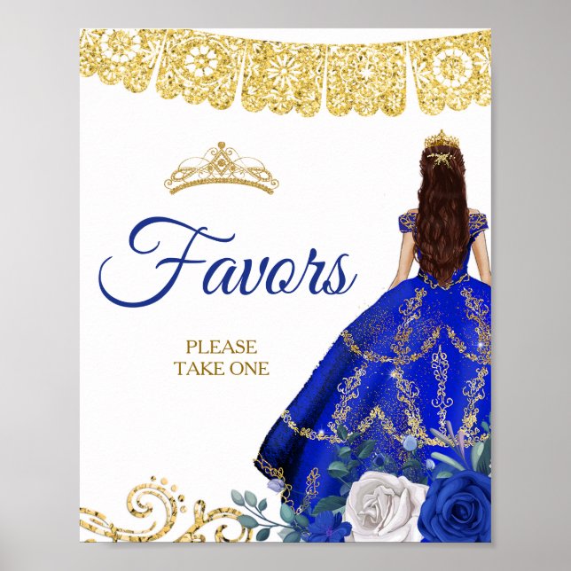 Royal Blue Dress Floral Quinceñera Favoriten Poster (Vorne)
