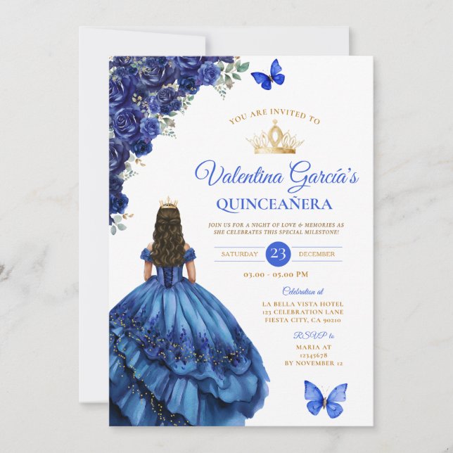 Royal Blue Dress Quinceañera 15 Anos Flowers Gold Einladung (Vorderseite)