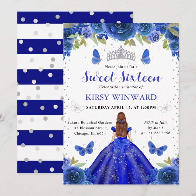Royal Blue Dress Red Haired Princess Sweet 16 Einladung (Vorne/Hinten)