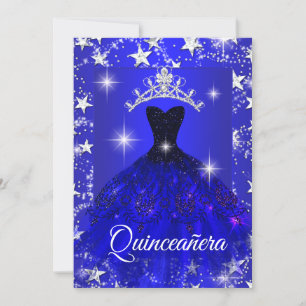 Royal Blue Dress Sparkle Tiara Stars Quinceanera Einladung
