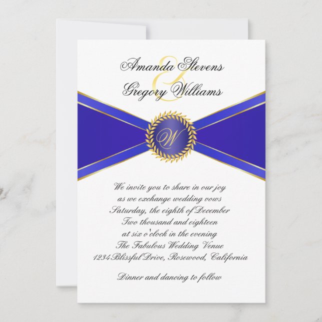 Royal Blue Elegance Monogram Wedding Einladung (Vorderseite)