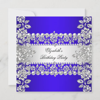 Royal Blue Elegant Silver Floral Geburtstagsparty Einladung