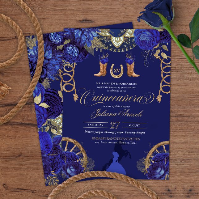 Royal Blue Elegante Rose + Gold Charro Quinceanera Einladung (Von Creator hochgeladen)