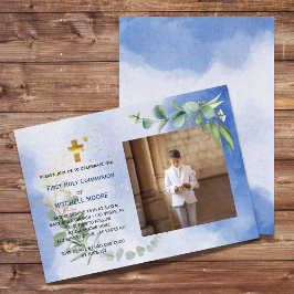 Royal Blue Eucalyptus First Holy Communion Foto Einladung