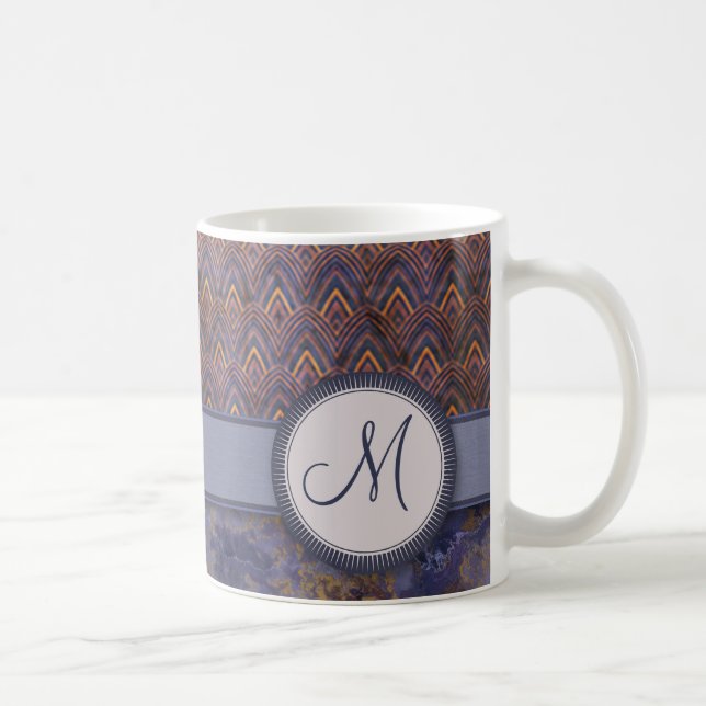 Royal Blue Feather Pattern mit Monogram Tasse (Rechts)