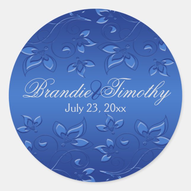 Royal Blue Floral 1,5" Round Wedding Sticker (Vorderseite)