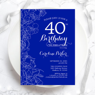 Royal Blue Floral 40. Geburtstag Party Einladung