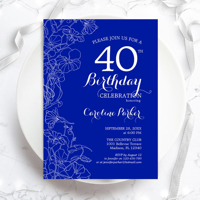 Royal Blue Floral 40. Geburtstag Party Einladung (Von Creator hochgeladen)
