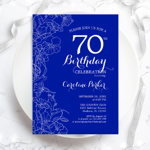 Royal Blue Floral 70. Geburtstagsparty Einladung