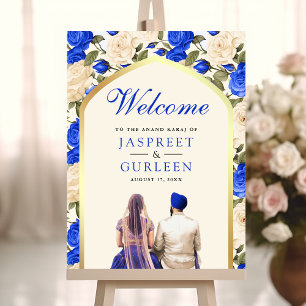 Royal Blue Floral Anand Karaj Wedding Welcome Sign Poster