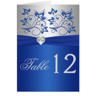 Royal Blue Floral and Silver Heart Tischnummer