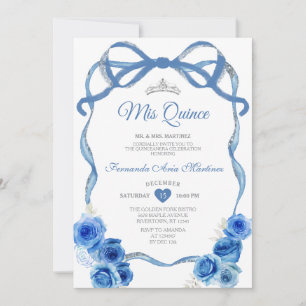 Royal Blue Floral Bow Ribbon Silver Mis Quince Einladung