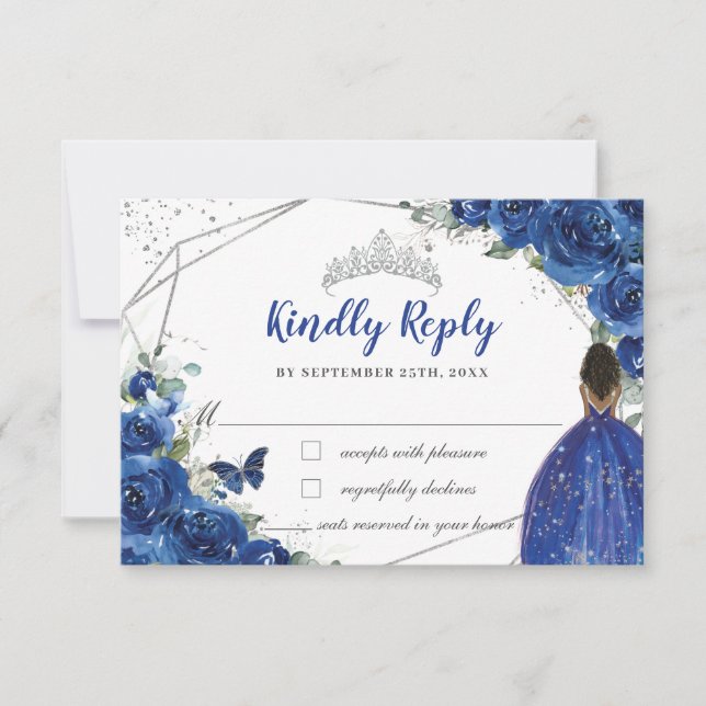 Royal Blue Floral Brown Princess Quinceañera XV 16 RSVP Karte (Vorderseite)