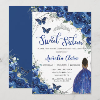 Royal Blue Floral Brown Princess Sweet 16 Geburtst Einladung