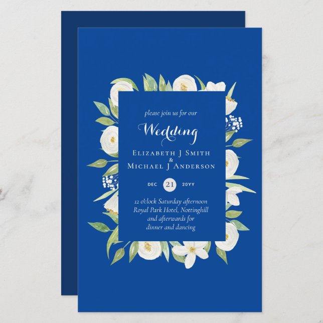Royal Blue Floral Budget Hochzeit Einladung A9 (Vorne/Hinten)