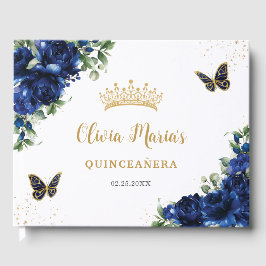 Royal Blue Floral Butterfells Gold Quinceanera Gästebuch