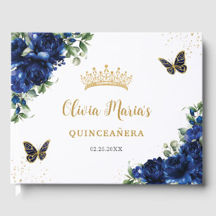 Royal Blue Floral Butterfells Gold Quinceanera Gästebuch