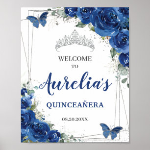 Royal Blue Floral Butterfells Quinceañera Willkomm Poster
