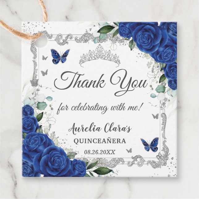 Royal Blue Floral Butterfells Silver Quinceañera Geschenkanhänger (Vorderseite)
