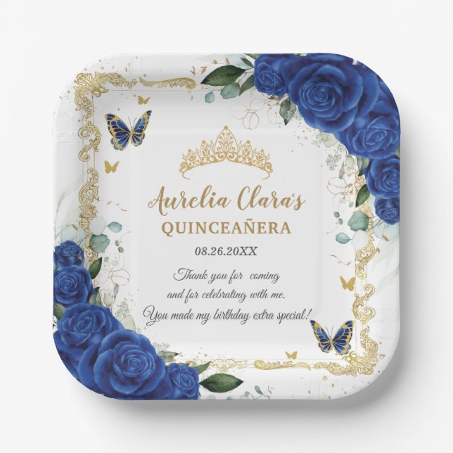 Royal Blue Floral Butterflies Gold Quinceñera 16 Pappteller (Vorderseite)