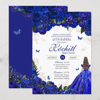 Royal Blue Floral Butterfly Elegante Quinceañera Einladung