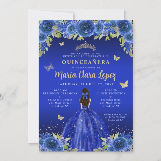 Royal Blue Floral Butterfly Princess Quinceanera Einladung (Vorderseite)