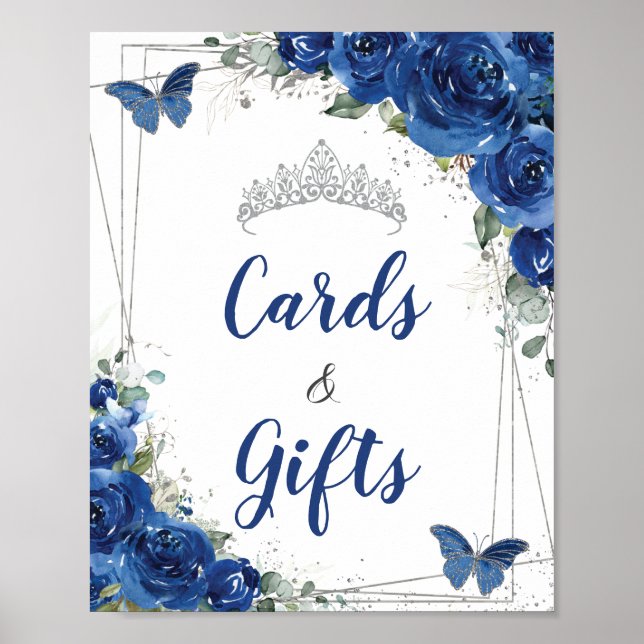 Royal Blue Floral Butterfly Quinceañera Karten Ges Poster (Vorne)