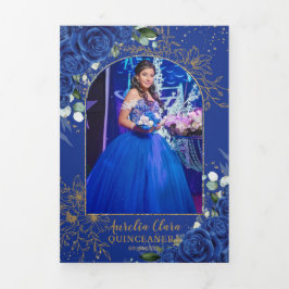 Royal Blue Floral Butterfly Quinceñera 15 Fotos Dreifach Gefaltete Einladung