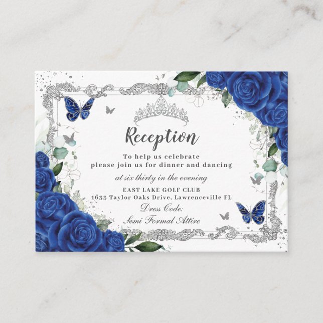 Royal Blue Floral Butterfly Quinceñera Empfang Begleitkarte (Vorderseite)