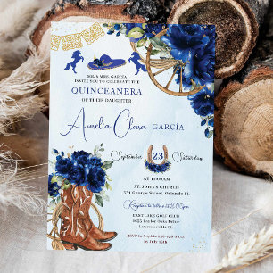 Royal Blue Floral Charro Cowgirl Quinceanera XV 15 Einladung