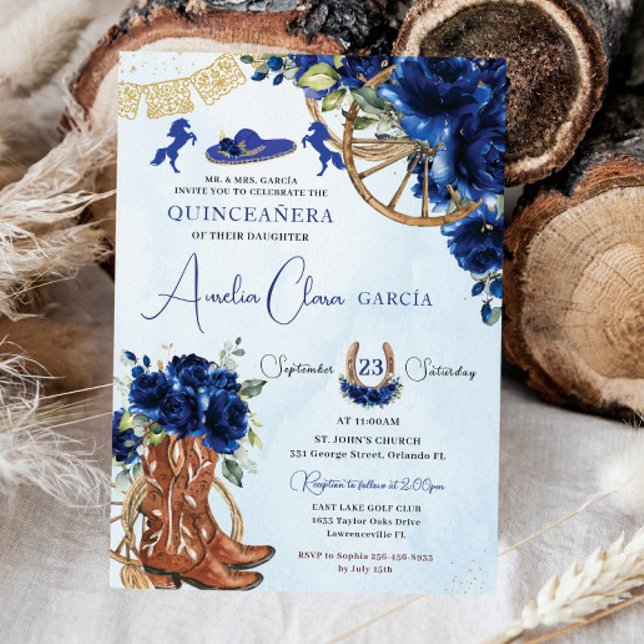 Royal Blue Floral Charro Cowgirl Quinceanera XV 15 Einladung (Von Creator hochgeladen)