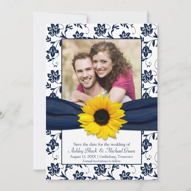 Royal Blue Floral Damask Sunflower Save the Date (Vorderseite)